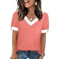 thumbnail image 2 of UAMVSH Short Sleeve Shirts for Women V Neck Button T-Shirt Color Block Casual Loose Fit Tunic Tops Classic Soft Basic Tees, 2 of 7