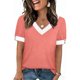 thumbnail image 2 of Mujeres Tops Casual Color Bloque Manga Corta V Cuello Blusa Moda Verano Primavera Respirable, 2 of 9