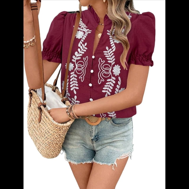Blusas de Verano para Mujer 2025, Informales, con Cuello en V, Volantes, Mangas Abullonadas, Botones y Bordados. Vino Tinto S