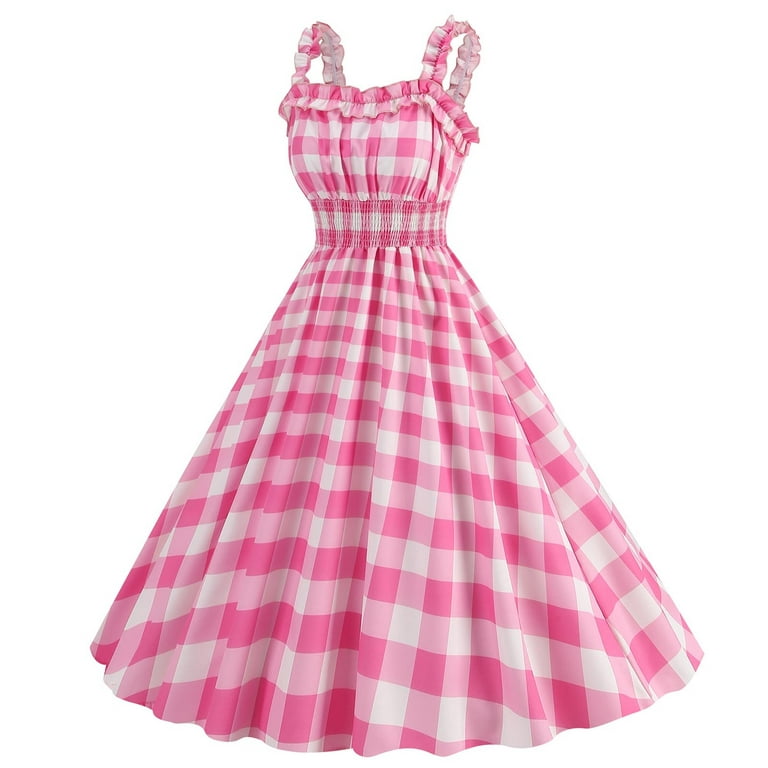 HAOTAGS Plaid Dress for Women 50s Dresses 1950s Swing Dresses Pin Up Knee  Length Dress Pink Size S