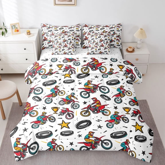 Manfei Sporty Motocross 7-Piece Twin Bedding,Cute Stars Bedding Comforter Set,White,Reversible