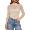 thumbnail image 3 of Women's Mock Neck Sheer Mesh Long Sleeve Tops Lace Ruched See Through Blouse Sexy Going Out Concert Shirt, 3 of 6