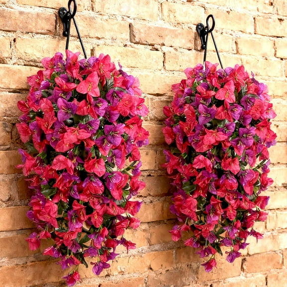 BITOUSHI Artificial Faux Bougainvillea Flowers Plants for Outdoor Decoration, 2 PCS Fake Silk Long Trailing Vines UV Resistant Realistic for Front Door Porch Planter Patio Balcony - Purple & Hot Pink