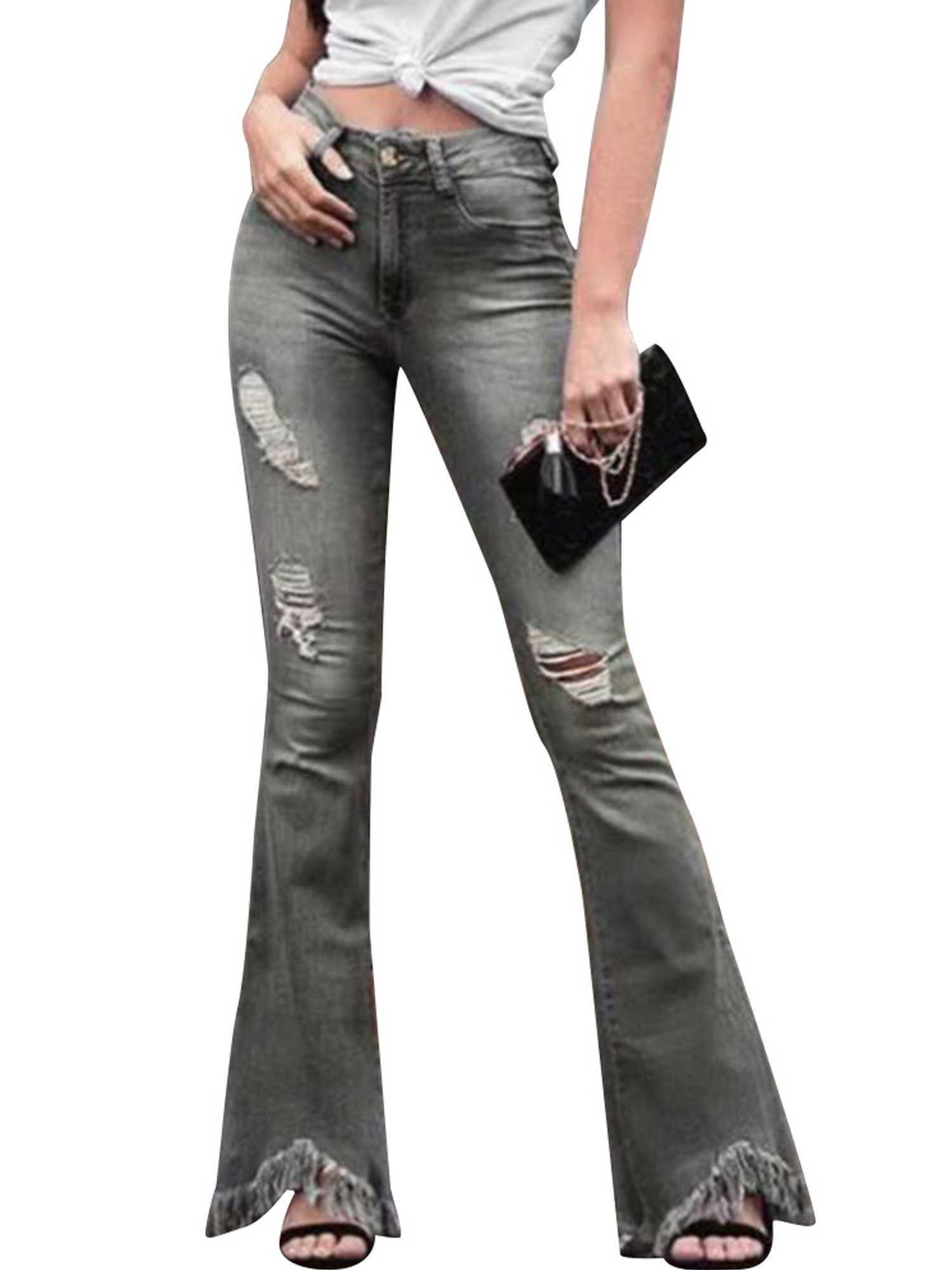 Women Destoryed Flare Jeans High Waist 