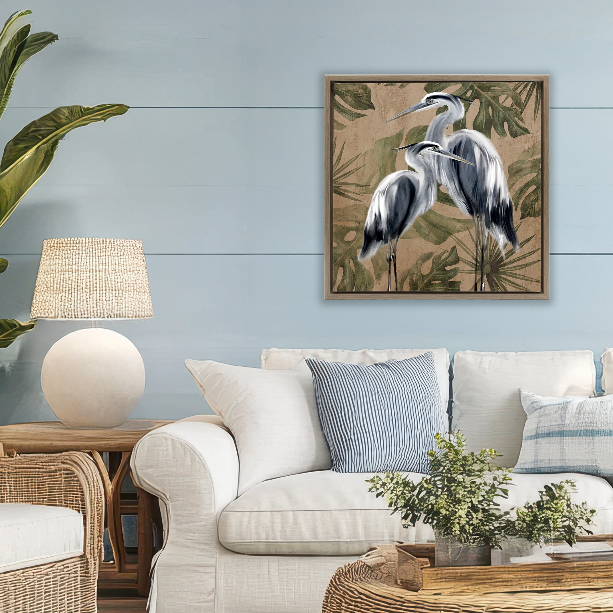 Stupell Industries Two Herons over Tropical Leaves Brown Framed Floater Canvas Wall Art, design by Kim Allen