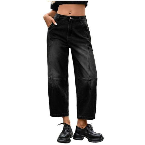 ZHYou Womens Jeans,High Waisted,Wide Leg,Cropped,Denim Pants Patchwork Design Retro Style,Black,Size XL