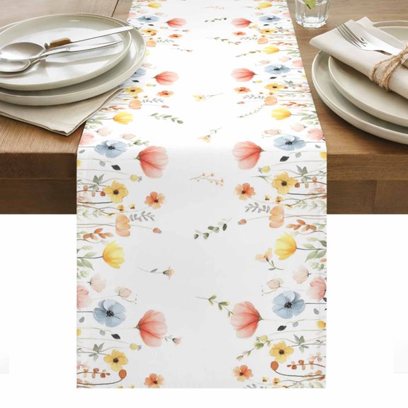 Watercolor Wildflowers Table Runner - 70 Inch Long, Kitchen Dining Table Runner Dresser Scarves, Farmhouse Botanical Floral Herbs Farmhouse Decor for Coffee Tables Wedding Party Banquet