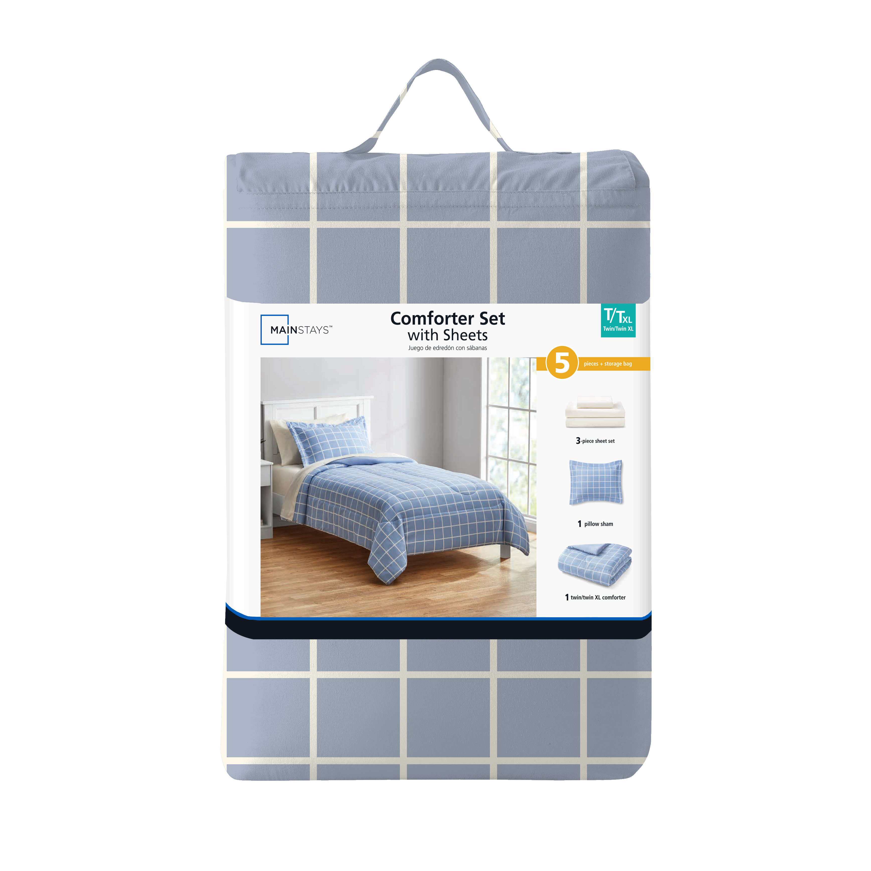 Mainstays Blue Checker Reversible 5-Piece Bed in a Bag Comforter Set with Sheets, Twin XL - image 3 of 9