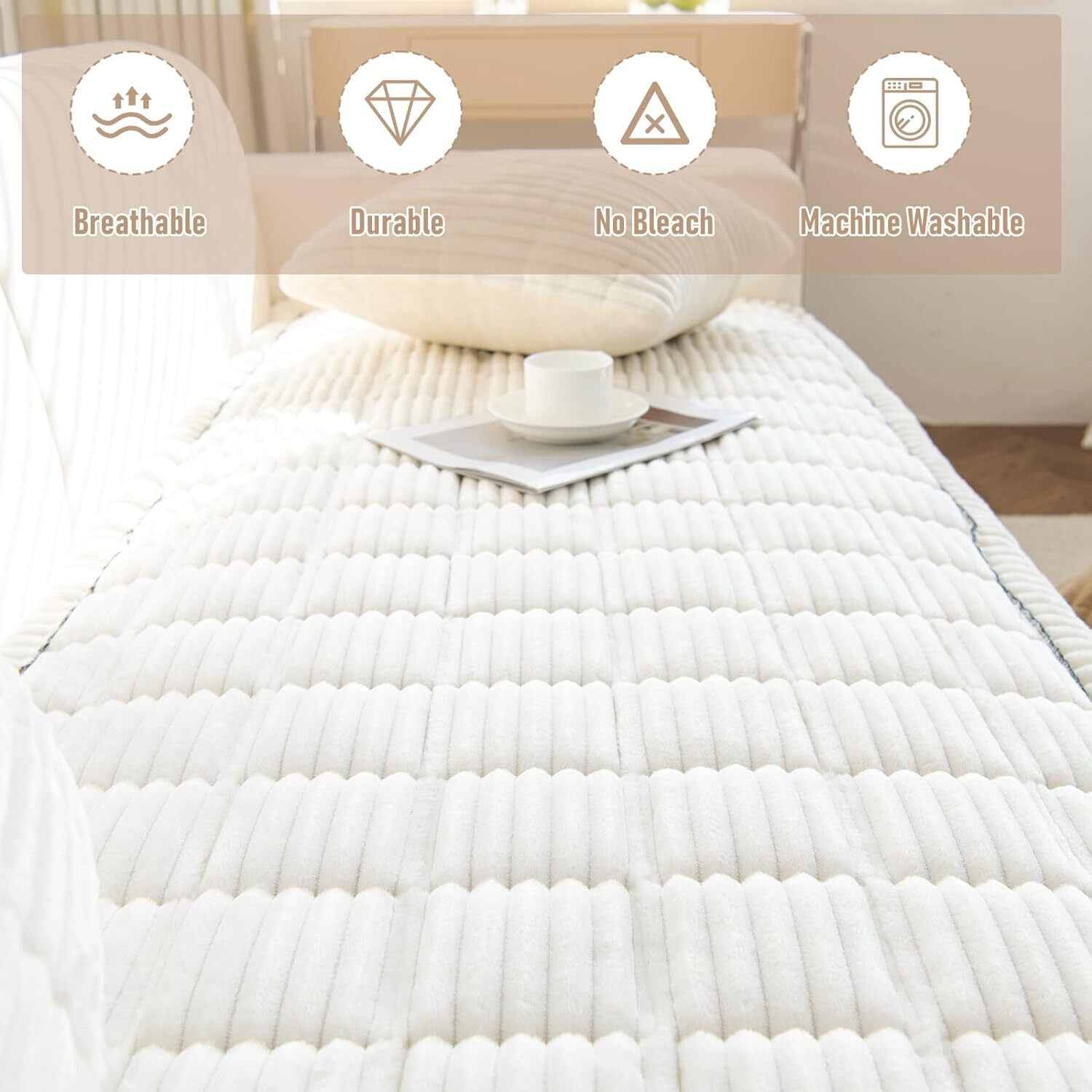 JIAN YA NA Anti Slip Couch Covers Sofa Mat, Thickened Corduroy Furniture Protector Mat, Washable Sofa Slipcover Dogs Pets Bed Pad (Milky White, 90x210cm)