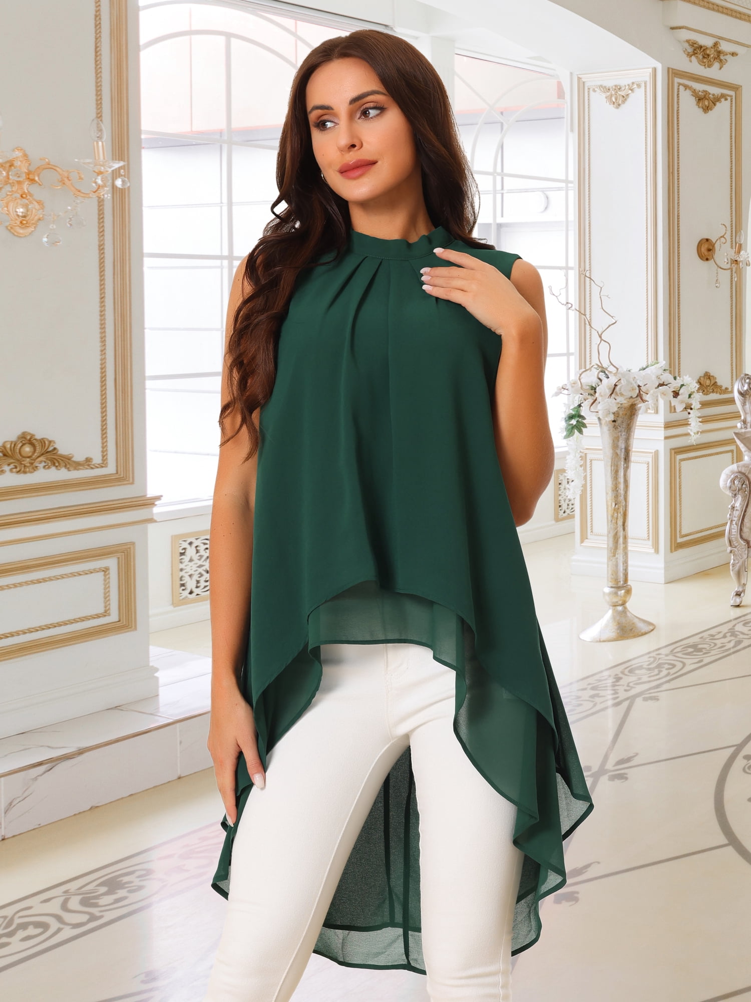 DARING DIVA Women's Tie Back High Low Mock Neck Blouse Tops XL Dark Green