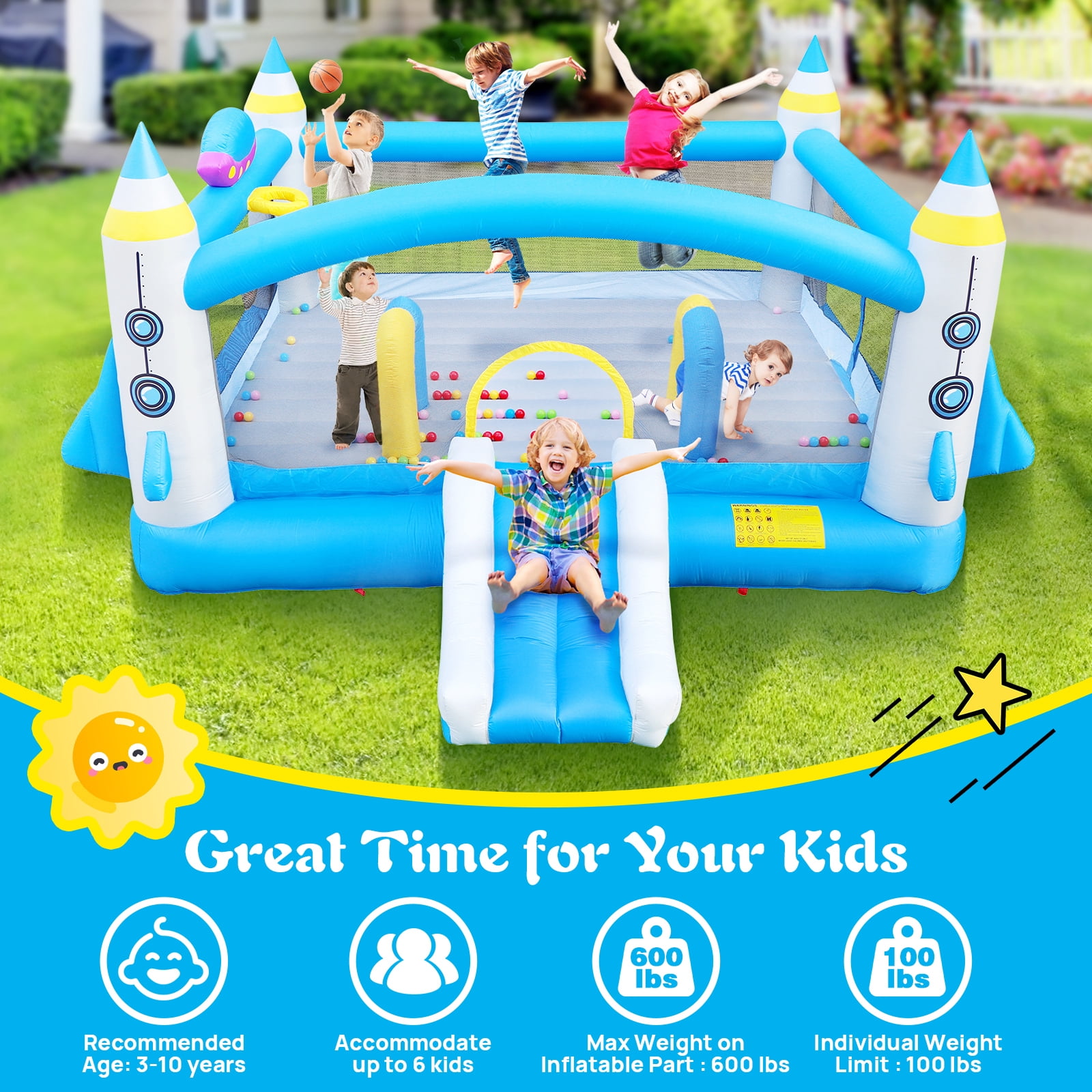 Multifunctional Jump 'n Slide Inflatable Bouncer for Kids, Complete Set with ETL Blower, 198" x 180" x 96" Indoor Outdoor Bounce House for Backyard Family Play