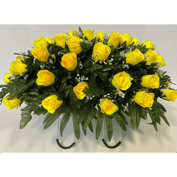 Yellow Rose with Baby's Breath Flowers Cemetery Headstone Saddle Arrangement