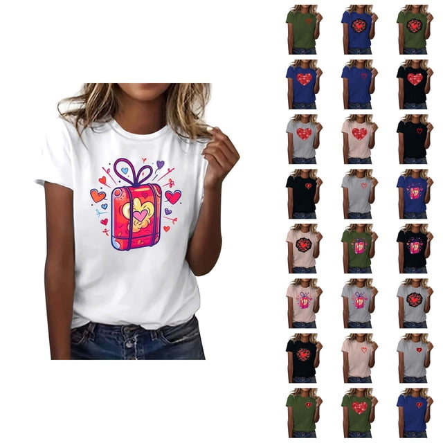 T-shirts de la Saint-Valentin pour Femmes 2026 Mode Manches Courtes Col Rond Cœur Graphique