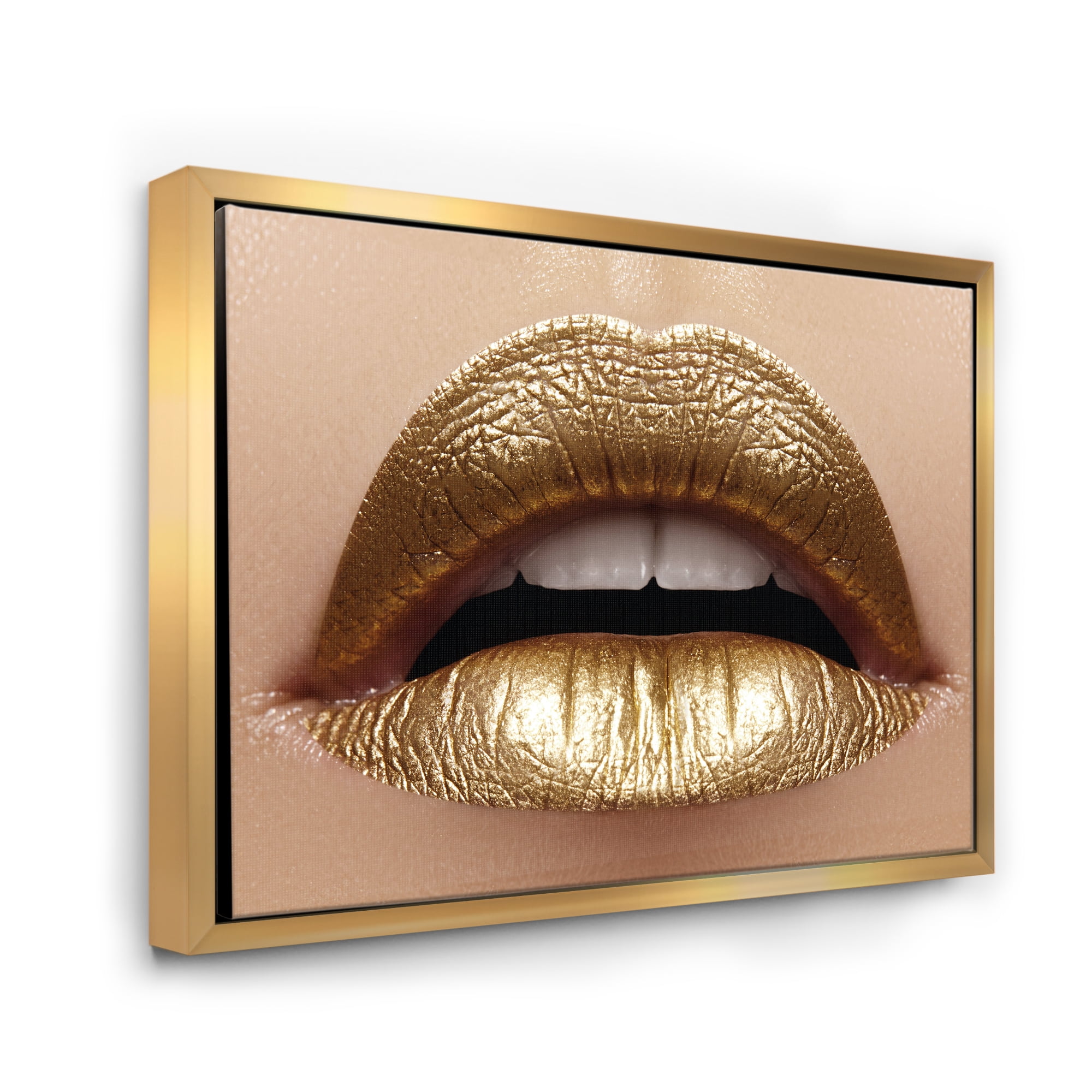 Designart 'Close Up of Woman Plump Lips With Golden Lipstick' Modern Framed Canvas Wall Art Print