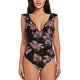 thumbnail image 2 of Yiaed Bouquet Print Women's Ruffled One Piece Swimsuit V Neck Swimwear Slimming Monokini for Woman-X-Large, 2 of 8