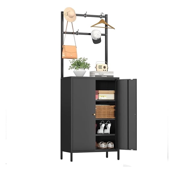 Tall Metal Shoe Cabinet with Coat Rack,Farmhouse Shoe Storage Cabinet with Doors,Hanging Bar, for Entryway, Hallway, and Living Room,2in1 Hall Tree with 3 Adjustable Shelves(Black)