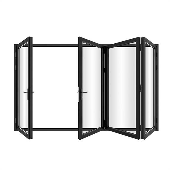 KaMic 120" x 80" 4 Panels Aluminum Folding Door In Black, One Door Right Swing Out Three Door Folded From Left To Right