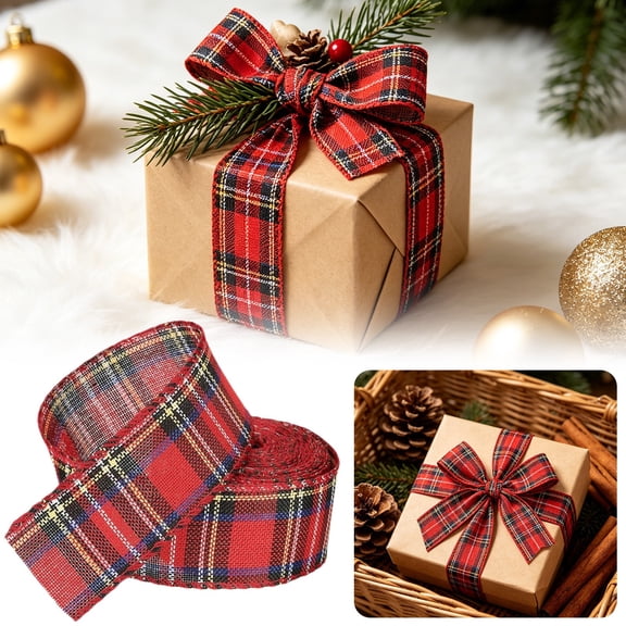 Christmas Plaid Burlap Ribbon 6m Wired Edge for Tree Wreath Gift Wrapping Bow Making Holiday Craft