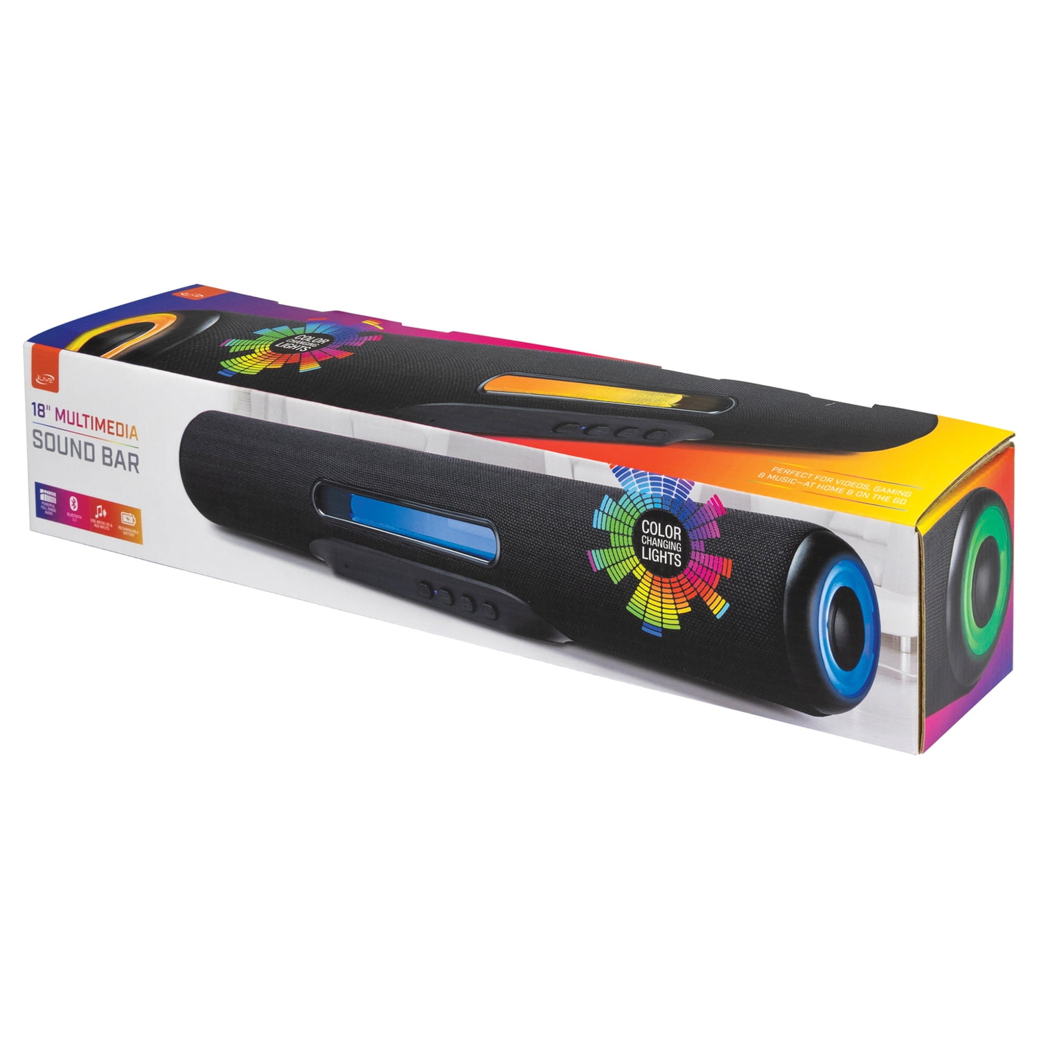 iLive Portable Bluetooth 2.0-Channel 18-In. Sound Bar/Speaker with LED Lights and Speakerphone, True Wireless, Black, ISB184BPT