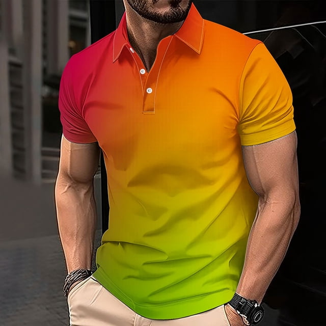 Weiqiqre Mens Sweatshirt Short Sleeve Polyester Golf Shirt Casual Gradient Collared Shirt Lightweight Work Shirts with 3 Buttons