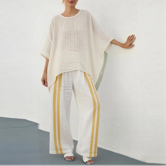 SOOMLON Boho Outfits for Women Plus Size White Crew Neck Batwing Sleeve Shirt Wide Leg Striped Pants 2 Piece Set