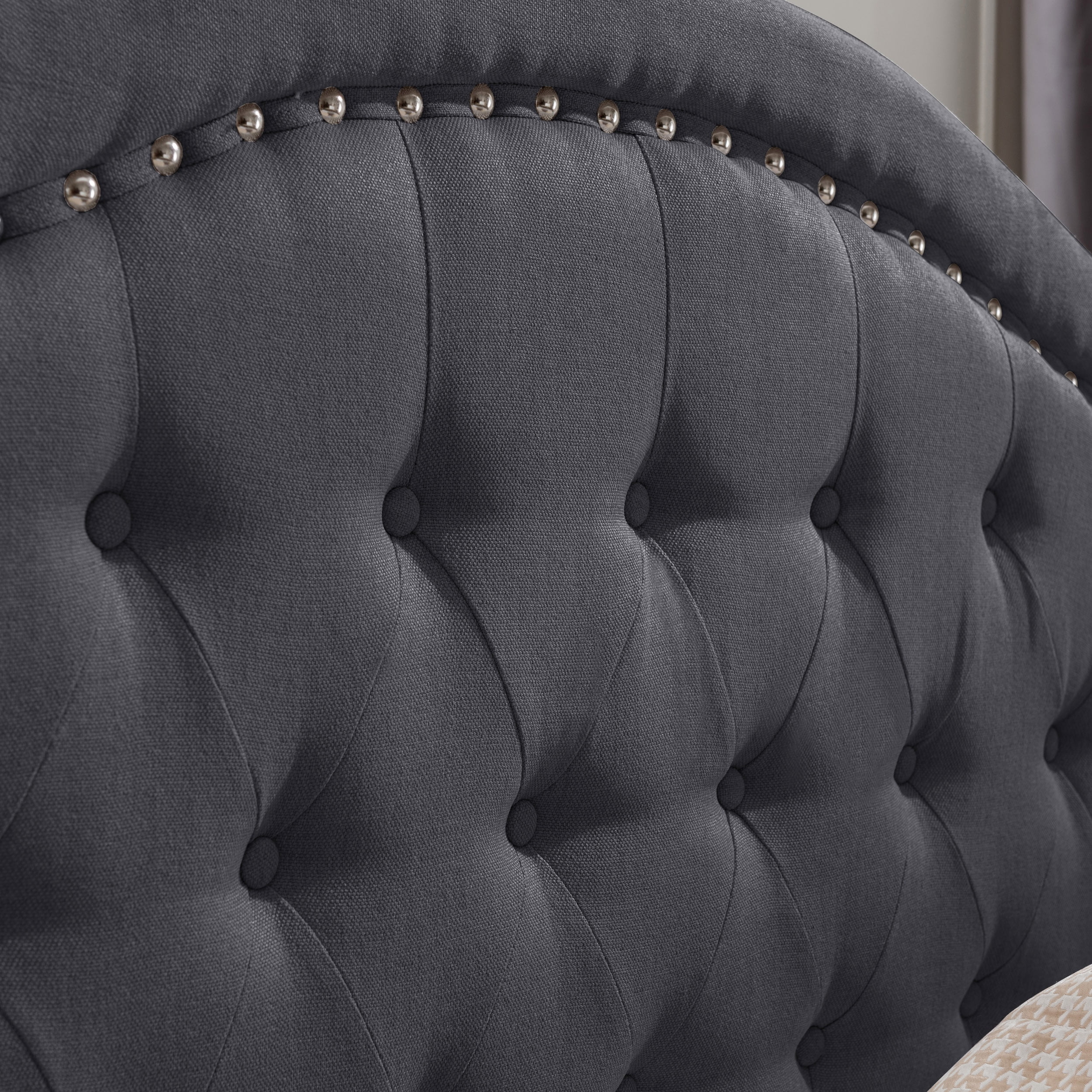 Noble House Camdyn Traditional Fully Upholstered Queen Sized Bed Frame, Dark Gray, Dark Brown