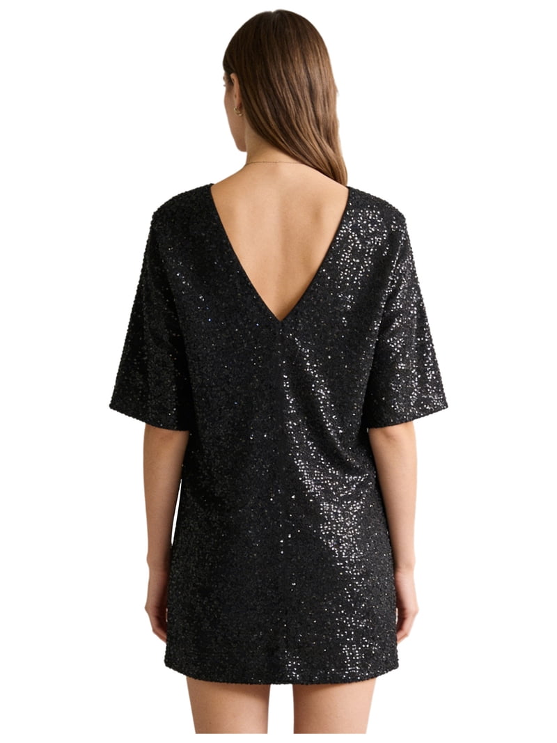 half glitter dress iixpin Women Sequin Sleeve V Back Shirt Dress Cocktail Dresses Night Out Dresses Black S Category:PROM DRESSES