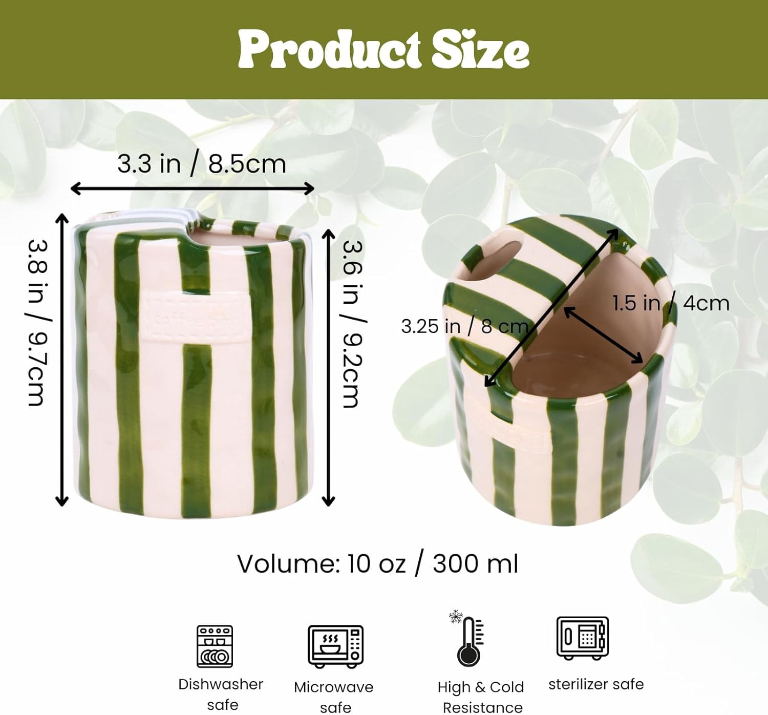 Coffee Mug Espresso Cup 10oz Ceramic Mugs Porcelain Hand-Painted Striped Art Multiple Use for Kitchen, Dining-Green