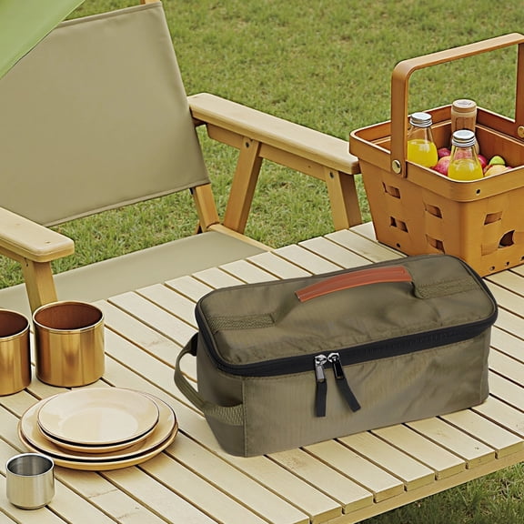 Outdoor Picnic Cutlery Storage Bag,Utensil Organizer with Long-lasting 210D Fabric,Lightweight Portable Handbag for Camping,BBQ,Travel (Army Green)