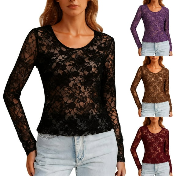 DDAPJ pyju Womens Lace Long Sleeve Tops 2026 Fall Spring See Through Sheer Floral Blouse Shirt Fitted Going Out Outfits Purple XL