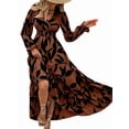 thumbnail image 3 of Women Casual Round Neck Puff Long Sleeve A Line Flowy Swing Long Maxi Dress Mixed Color S, 3 of 9