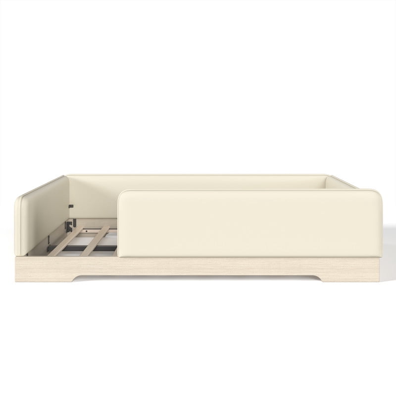 Queen Size Faux Leather Upholstered Floor Bed, Kids Montessori Bed Frame with Removable Guardrail, Low Profile Platform Bed