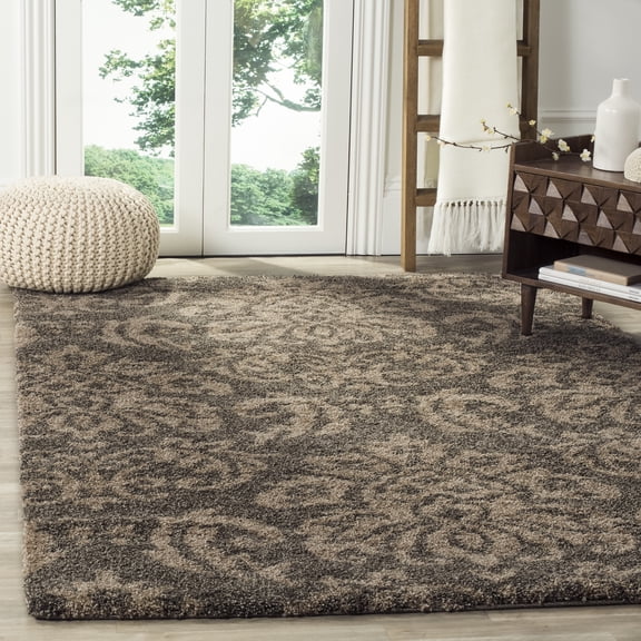 SAFAVIEH Florida Desmond Damask Plush Shag Area Rug, Smoke/Beige, 4' x 4' Square