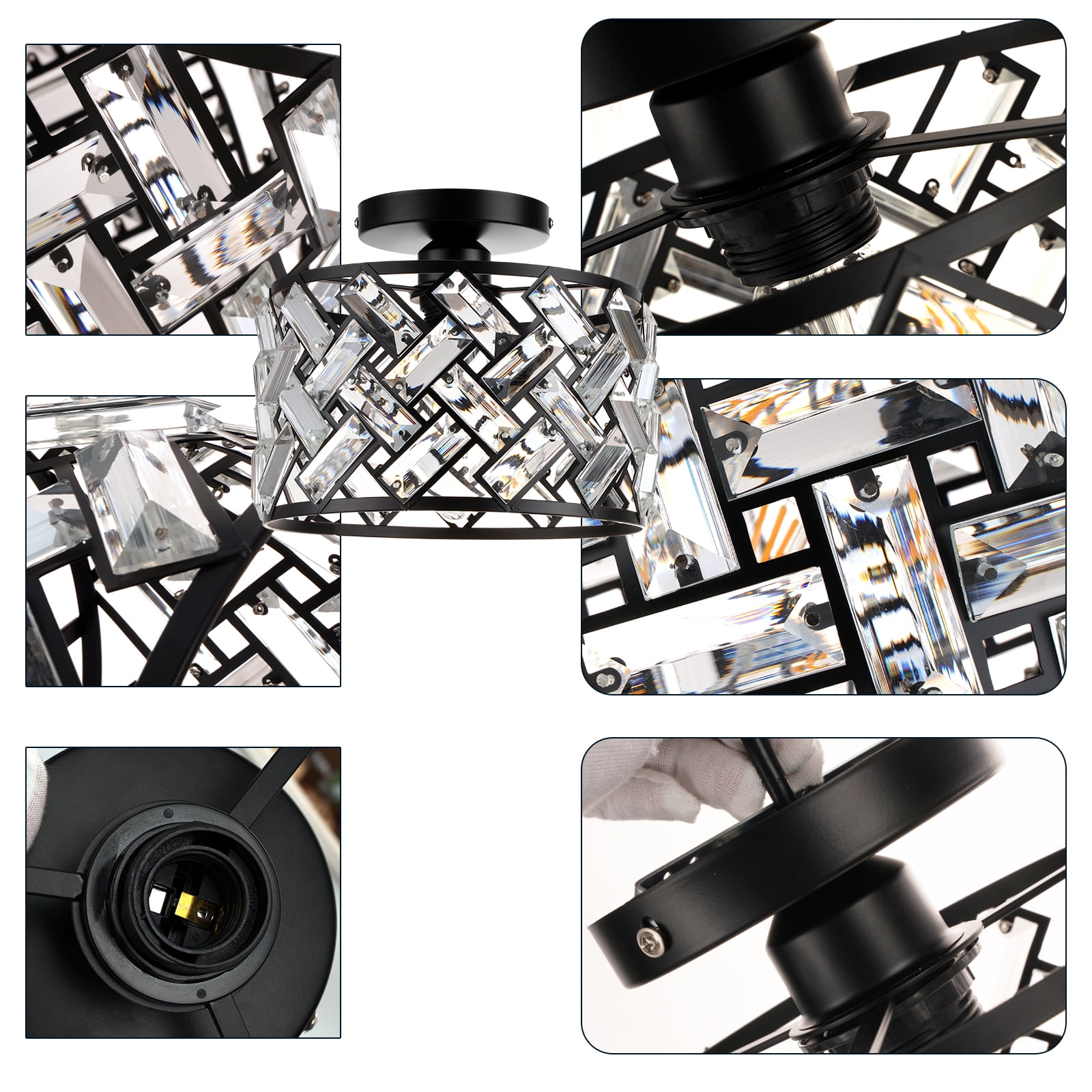 FRIDEKO HOME 8.86" Crystal Ceiling Light Fixture, E26 Base, Black Modern Semi Flush Mount Ceiling Light for Hallway, Closet, Foyer, Bathroom (Without Bulb)
