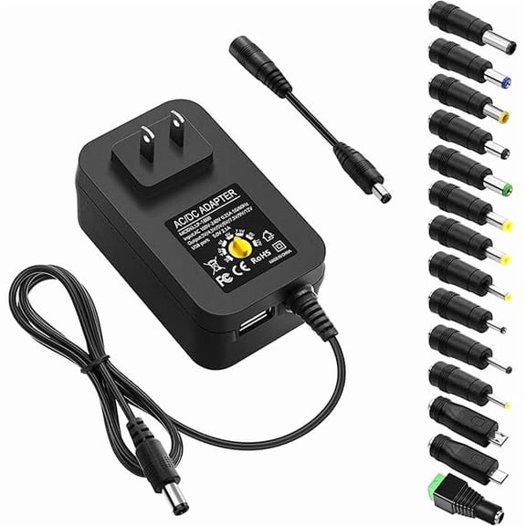 can 30W Universal Power Adapter Adjustable AC Adapter 100-240V 50-60Hz to DC 3V 4.5V 5V 6V 7.5V 9V 12V 2.5A Max Variable Power Supply 3V~12V 0.5A 1A 1.5A 2A with 5V 2.1A USB Port 14Tips 4.9FT Cord