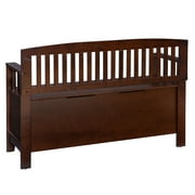 Linon Cynthia Wood Storage Bench FlipTop Slat Back & Side in Walnut Brown Finish
