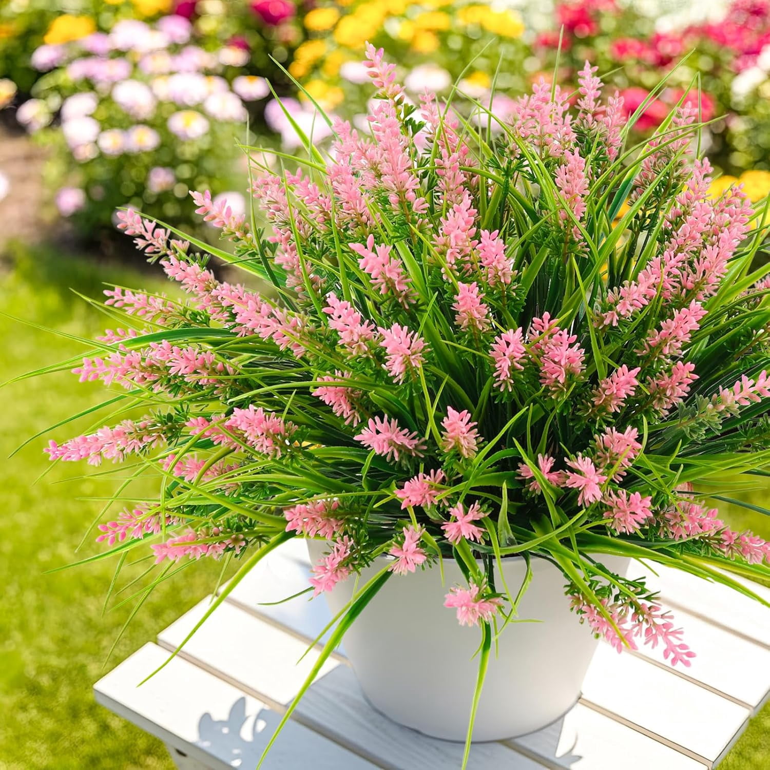 N&T NIETING 10 Bundles Artificial Plants Outdoor, Fake Monkey Grass with Flowers, UV Resistant Fake Plants for Garden Window Office Patio Hanging Planter Pathway Front Porch Home(Pink)