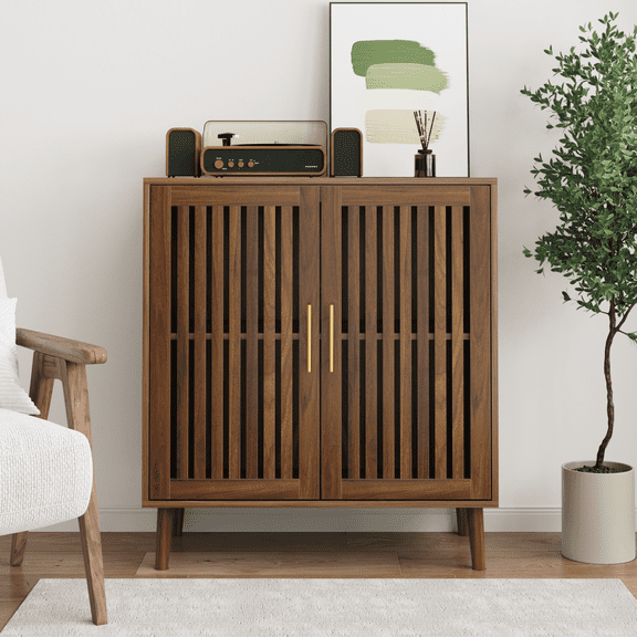 Sideboard Buffet Cabinet with Storage, Farmhouse Buffet Cabinet with Louvered Doors, Wood Coffee Bar Storage Cabinet for Kitchen, Dining Room, Living Room, Entryway, Walnut,31.5" W