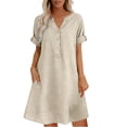 thumbnail image 4 of Horkkom Linen Dress Women Solid Color Short Sleeve V Neck Plus Size Dresses Summer Beach Mini Dresses with Pockets, S-2XL, 4 of 5