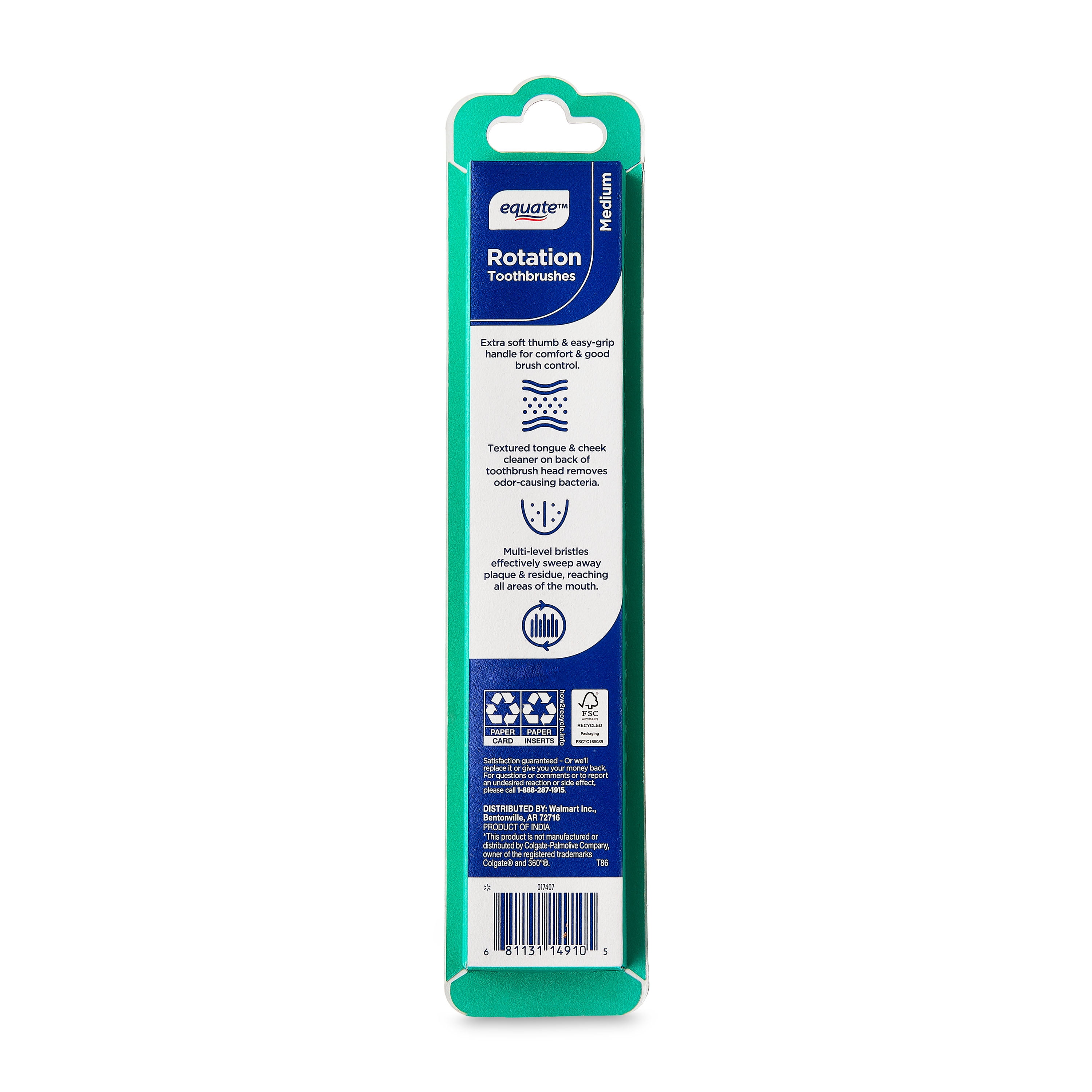 Equate Rotation Manual Toothbrush with Tongue and Cheek Cleaner, Medium