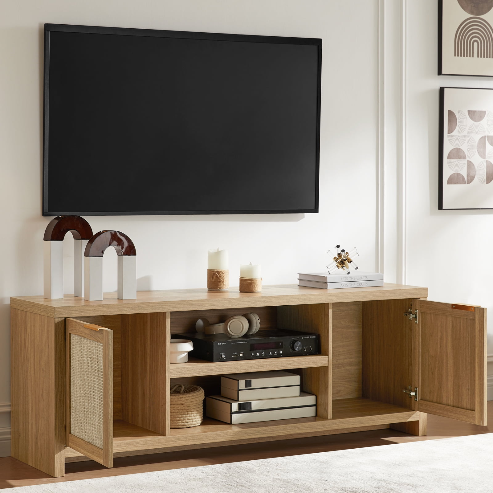 OAKHAM Tv Stands for 65 inch Tv, Modern Farmhouse Entertainment Center, Rattan TV Console with Storage, Wood Media Console Cabinet, Weathered Oak