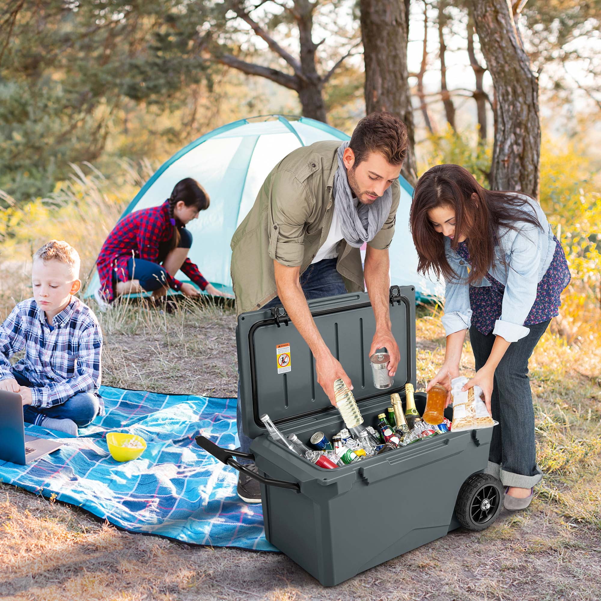 Costway 75 Qt Portable Cooler Roto Molded Ice Chest Insulated 5-7 Days with wheels Handle Charcoal