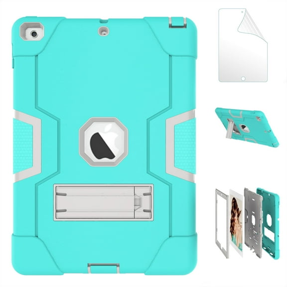 iPad 5th/ 6th Generation Case, New iPad 9.7 inch 2017/2018 Shockproof Kickstand Cover with HD Screen Protector Film - Mint/Gray