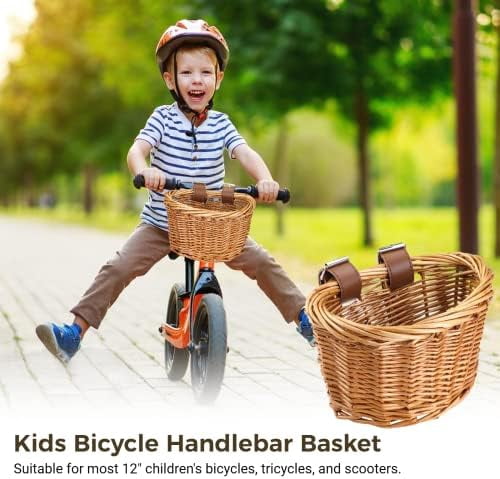 Kids Bike Basket with Adjustable PU Belts, Wicker Bike Baskets Handmade Woven Rattan Bike Basket Front Handle Children Bike Basket for Children Bicycle Accessories
