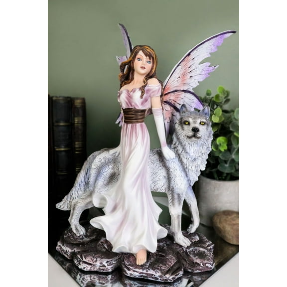 Fantasy Purple Winged Fairy Diana with Alpha Snow Direwolf Wolf Statue 10"H