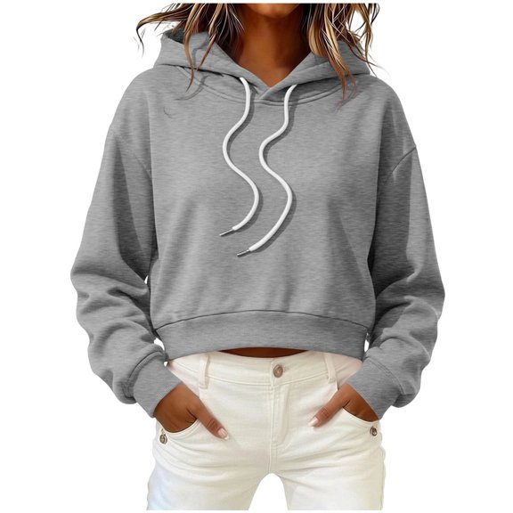 hoksml Women Solid Cropped Drawstring Hoodie Drop Shoulder Long Sleeve Pullover Sweatshirt for Casual Street Daily Wear