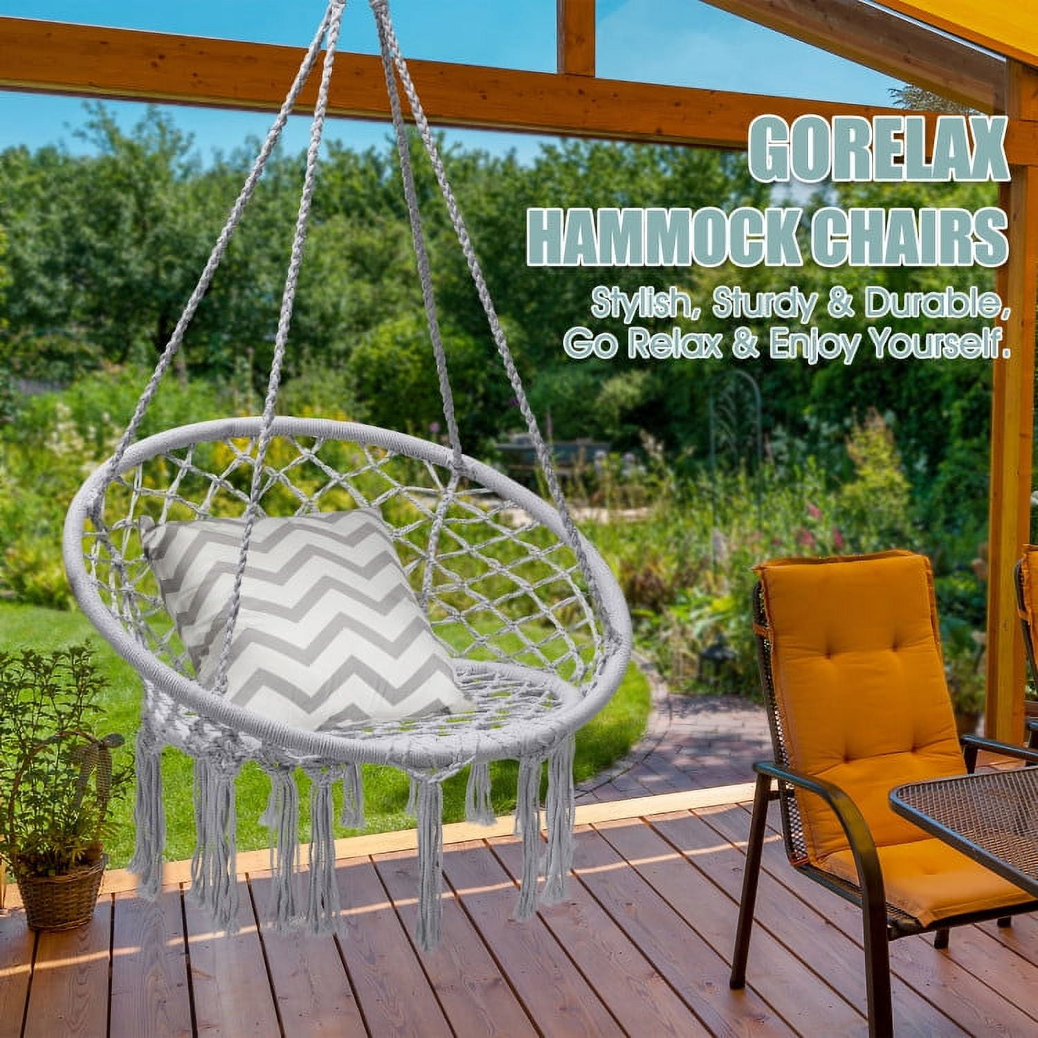 Aimee Lii Hanging Macrame Hammock Chair with Handwoven Cotton Backrest, Outdoor Deck Furniture, White