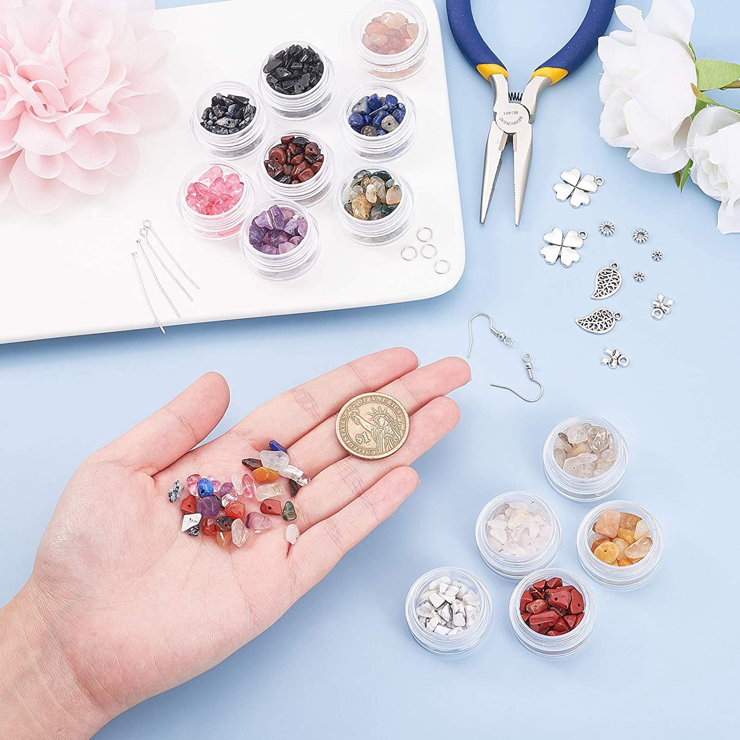DIY Jewelry Set with Gemstone Chip Beads Alloy Beads & Pendants Iron Earring Hooks & Pins Elastic Crystal Thread Iron Tweezers 30x18mm
