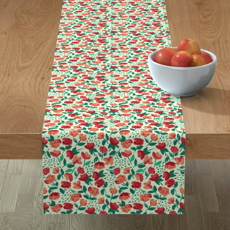 

Cotton Sateen Table Runner 108 - Red Floral Retro Style Green Folk Flowers Watercolor Nature Print Custom Table Linens by Spoonflower