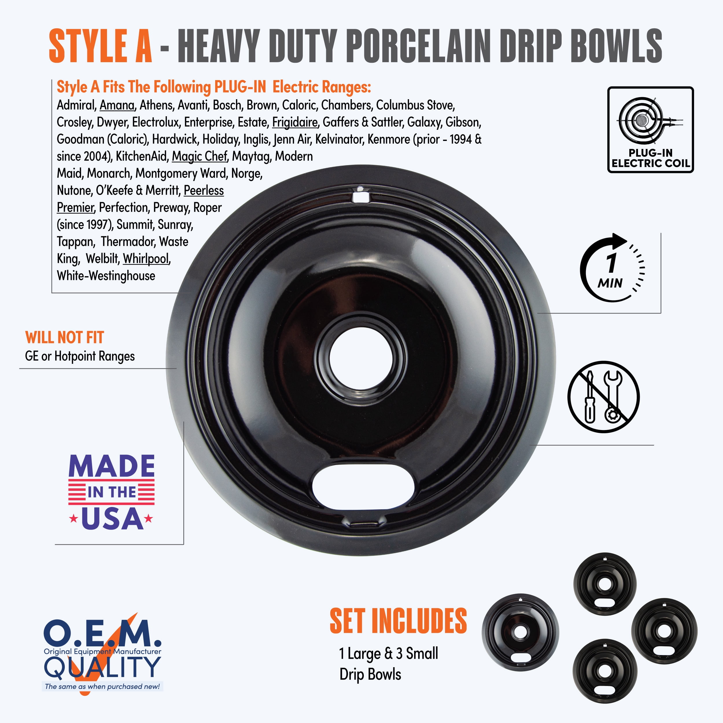 Range Kleen P10124XZ Style A Heavy Duty Black Porcelain Drip Bowls, 1 Large and 3 Small
